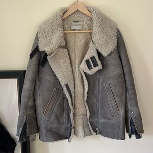 IRO Grey Jenny Oversized Leather Shearling Coat